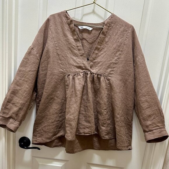 Zara 100% Linen Oversized Tunic Top Women's Size XS Brown Boho Feminine Gypsy - Picture 11 of 11